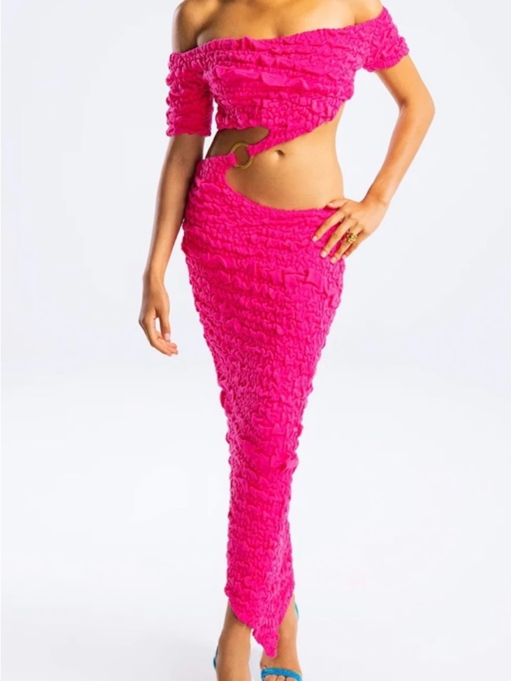 Hanifa Hot Pink Off-Shoulder Cutout Midi Dress